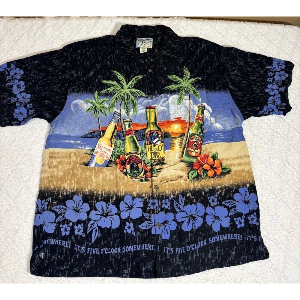 VTG Big Dogs It’s Five O’clock Somewhere Beer Beach Island Button Up Tee Size L